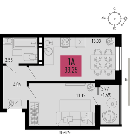 Планировка 1-комн 33,25 м²