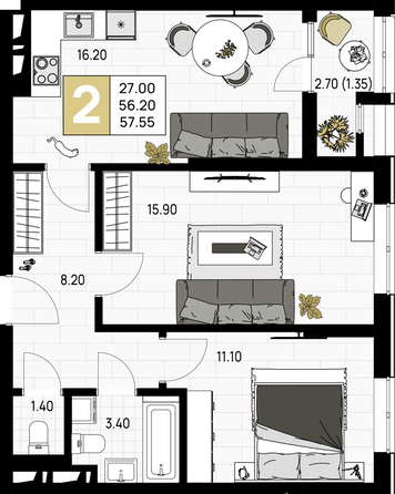 Планировка 2-комн 57,55 м²