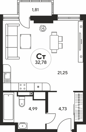 Планировка Студия 32,64 - 32,94 м²