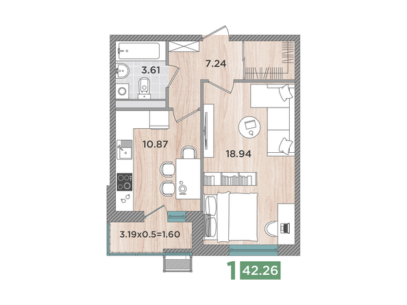 Планировка 1-комн 42,06 м²