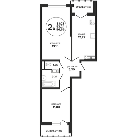 Планировка 2-комн 56,55 м²