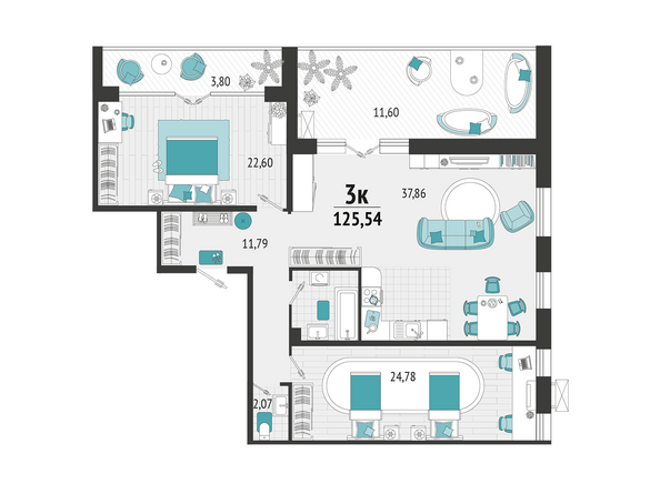 Планировка 3-комн 125,54 м²