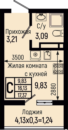 Планировка Студия 17,37 м²