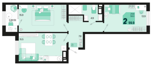 Планировка 2-комн 59,9 - 61,3 м²