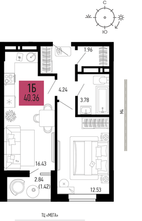 Планировка 1-комн 40,36 м²