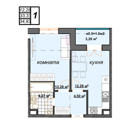 Планировка 1-комн 34,93 м²