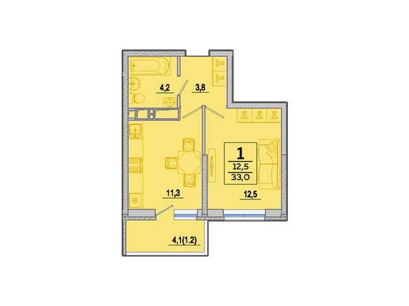 Планировка 1-комн 33 м²