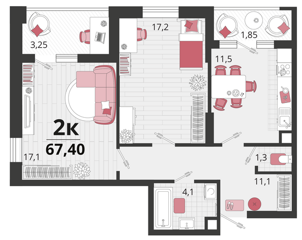 Планировка 2-комн 67,4 м²