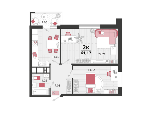 Планировка 2-комн 61,17 м²