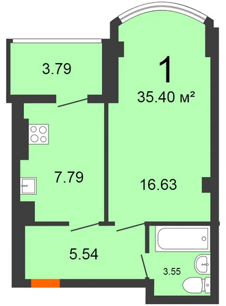 Планировка 1-комн 35,4 м²
