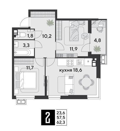 Планировка 2-комн 62,3 м²