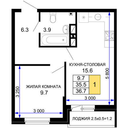 Планировка 1-комн 36,7 м²