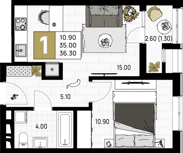 Планировка 1-комн 36,3 м²