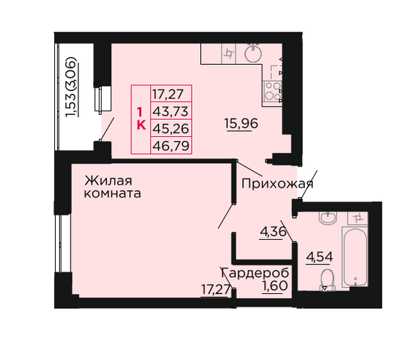 Планировка 1-комн 45,26 м²