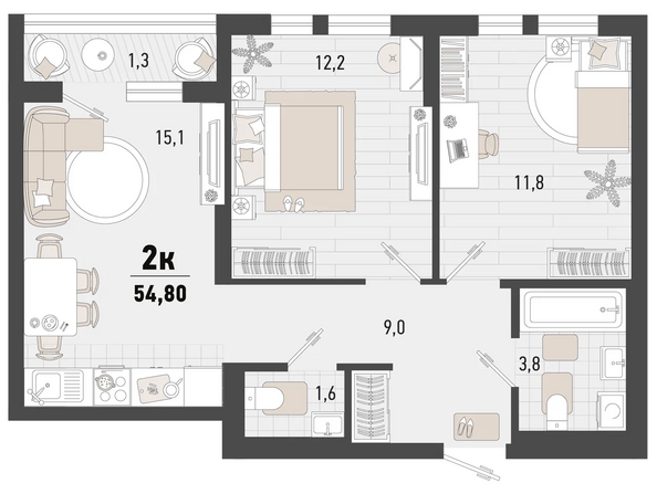 Планировка 2-комн 54,8 м²