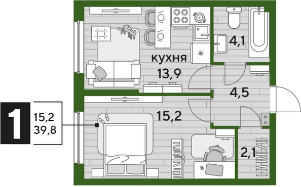 Планировка 1-комн 39,8 м²