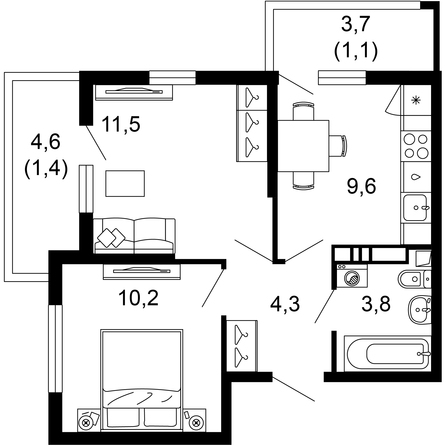 Планировка 2-комн 41,9 м²