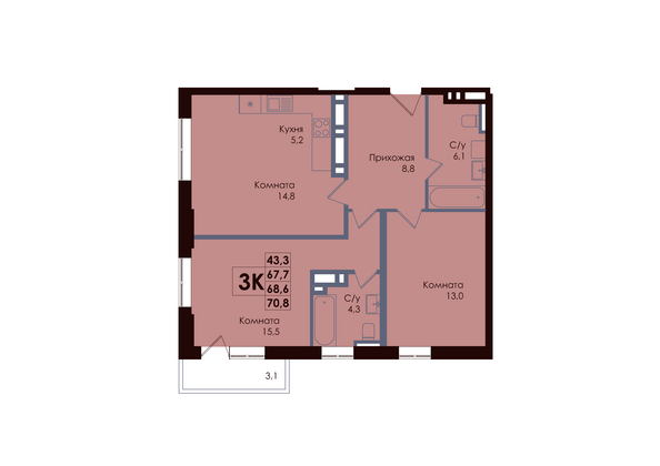 Планировка 3-комн 68,6 м²