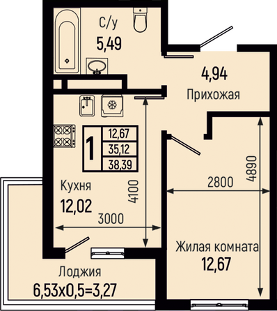 Планировка 1-комн 38,39 м²