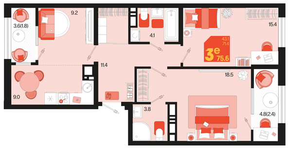 Планировка 3-комн 75,6 м²