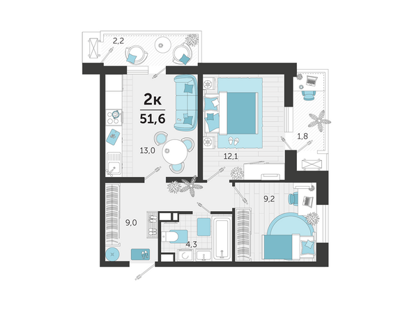 Планировка 2-комн 51,6 м²