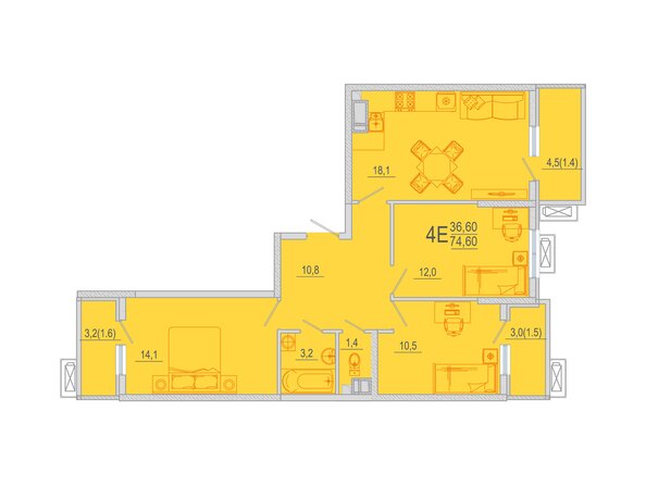 Планировка 3-комн 75,05, 76,15 м²