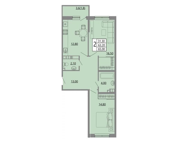 Планировка 2-комн 65 м²