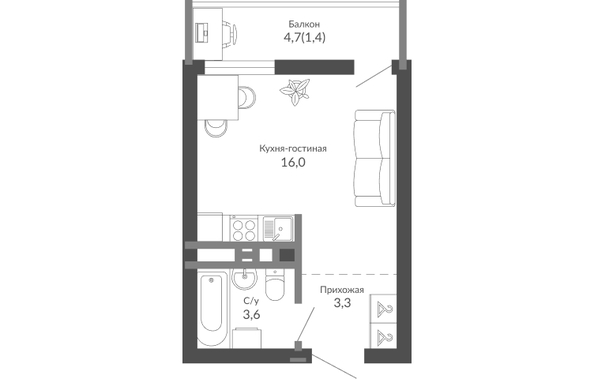 Планировка 1-комн 24,3 м²