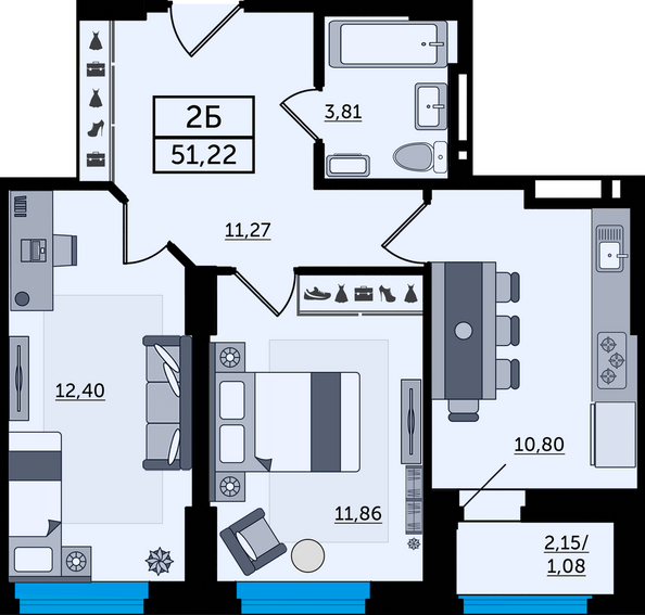 Планировка 2-комн 51,22 м²