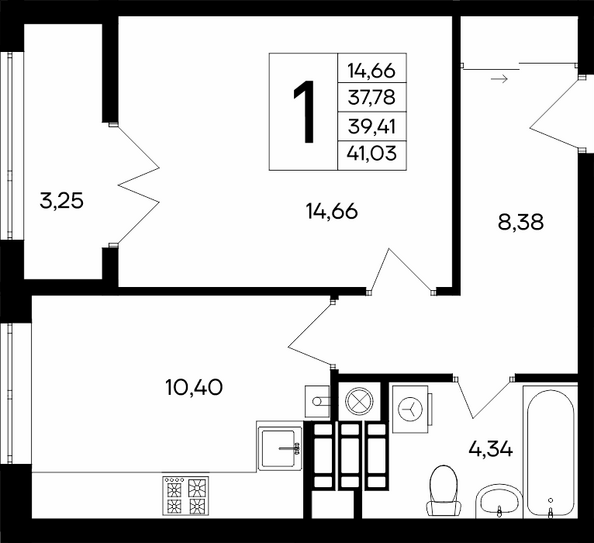 Планировка 1-комн 41,02, 41,03 м²