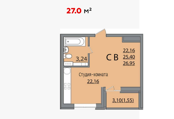 Планировка Студия 27 м²