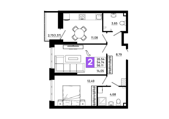 Планировка 2-комн 56,11 м²