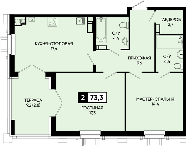 Планировка 1-комн 73,3, 73,4 м²