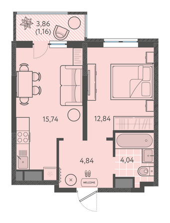 Планировка 1-комн 38,13 - 38,73 м²