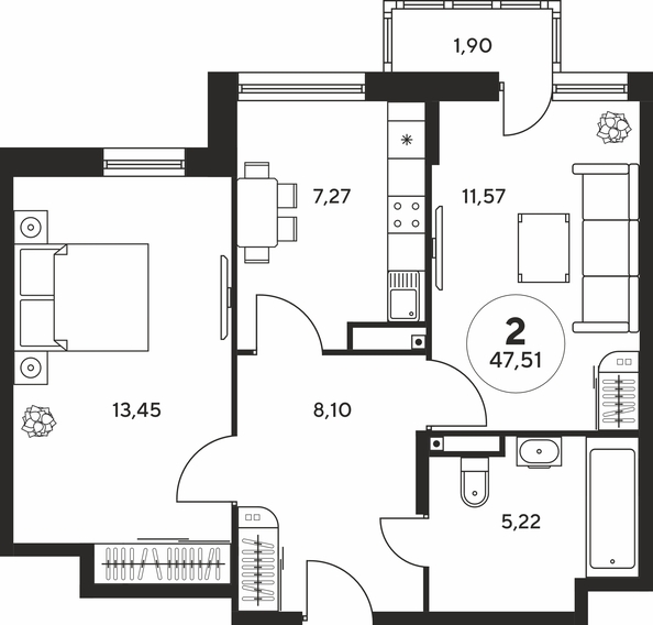 Планировка 2-комн 47,37 - 47,56 м²