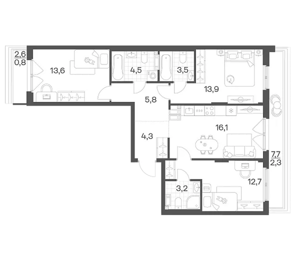 Планировка 3-комн 80,7 м²