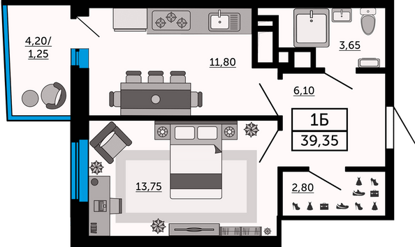 Планировка 1-комн 39,35 м²