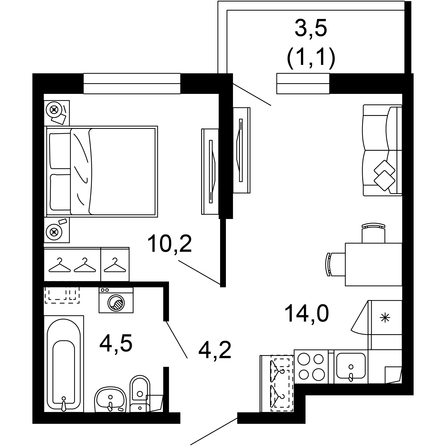 Планировка 1-комн 34 м²