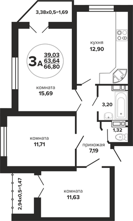 Планировка 3-комн 66,8, 67,77 м²