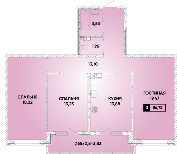 Планировка 3-комн 86,72 м²