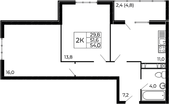 Планировка 2-комн 54 м²