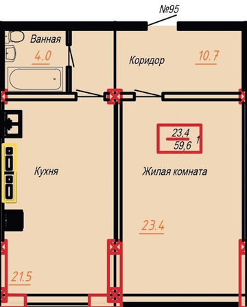 Планировка 1-комн 59,6 м²