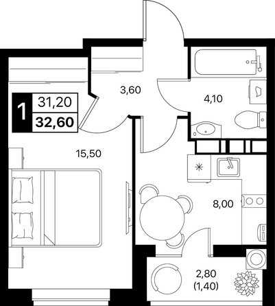 Планировка 1-комн 32,6, 33 м²