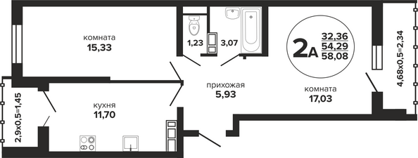 Планировка 2-комн 58,08 м²