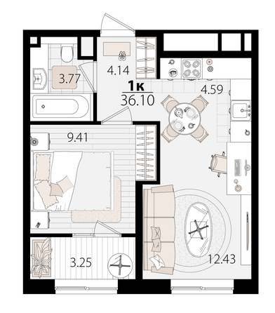 Планировка 1-комн 35,85 м²