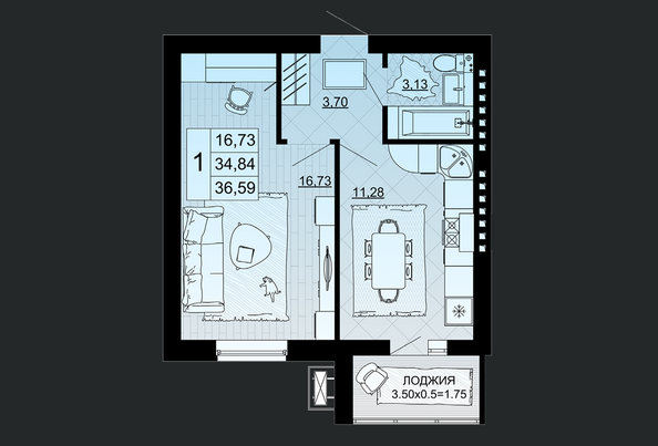 Планировка 1-комн 36,59 м²