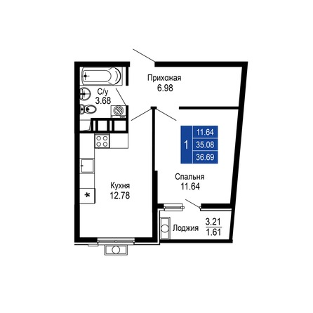 Планировка 1-комн 36,69 м²