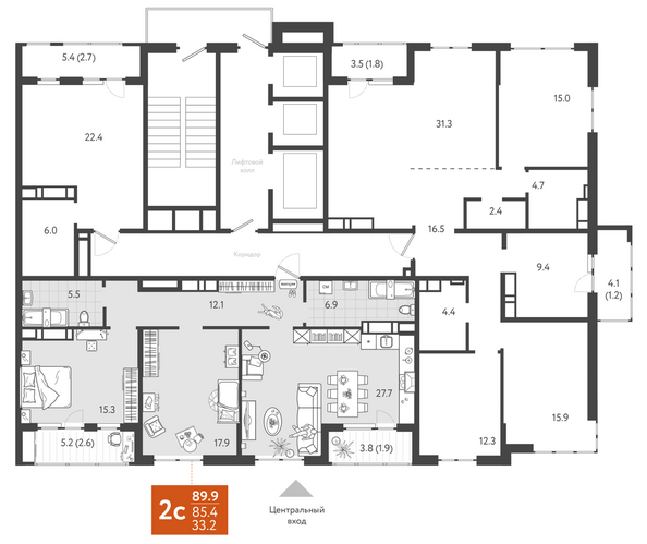 Планировка 2-комн 89,9 м²