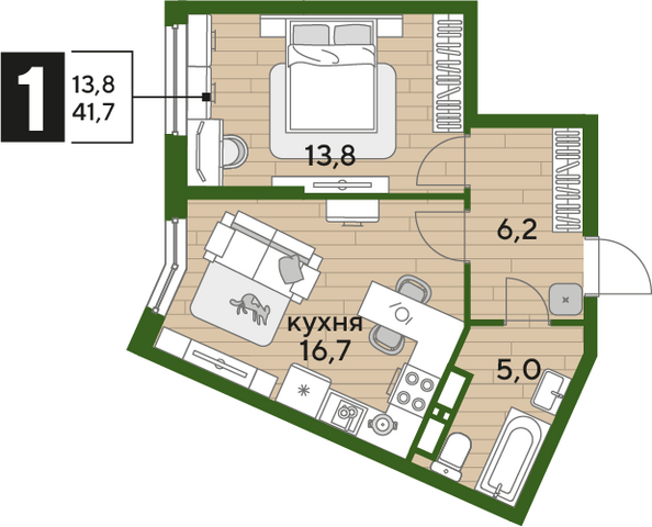 Планировка 1-комн 41,7 м²