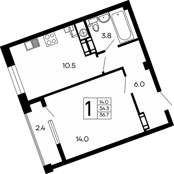 Планировка 1-комн 36,7 м²
